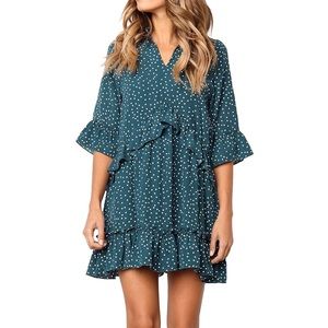 Women's Green V Neck Ruffle Polka Dot Dress
